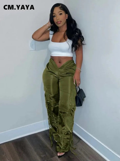 Women Pocket Side Straight Pants .